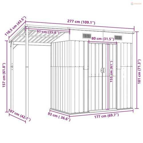 Barna kerti fészer meghosszabbított tetővel 277x107x181 cm