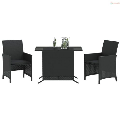 3 részes fekete polyrattan bisztrógarnitúra párnával