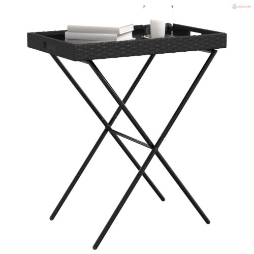 Fekete összecsukható polyrattan tálcaasztal 65 x 40 x 75 cm