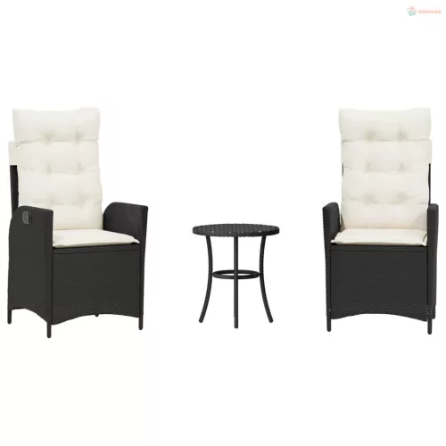 3 részes fekete polyrattan bisztrógarnitúra párnával