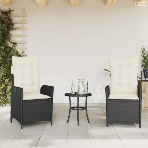 3 részes fekete polyrattan bisztrógarnitúra párnával