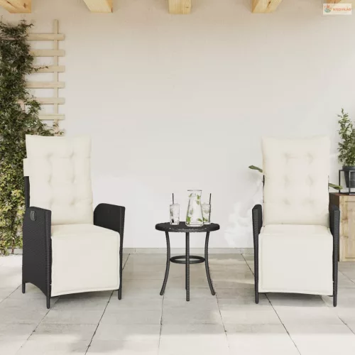 3 részes fekete polyrattan bisztrógarnitúra párnával