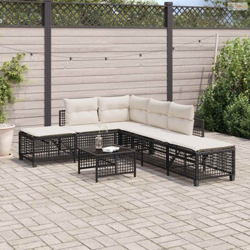 3 részes fekete polyrattan kerti sarokkanapé garnitúra párnával