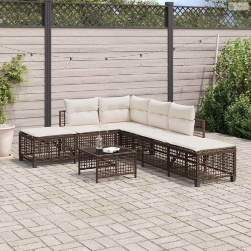 3 részes barna polyrattan kerti sarokkanapészett párnával