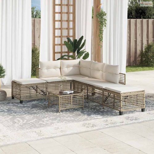 3 részes bézs polyrattan kerti sarokkanapészett párnákkal