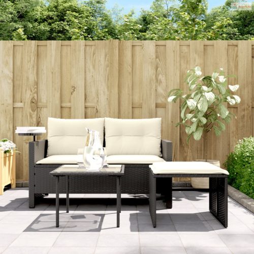 3 részes fekete polyrattan kerti ülőgarnitúra párnával
