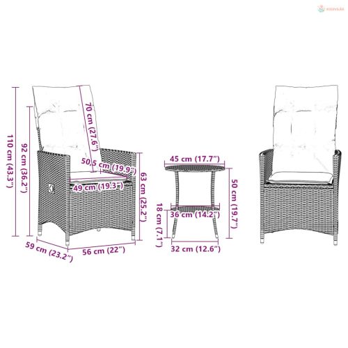 3 darabos szürke polyrattan bisztrógarnitúra párnákkal