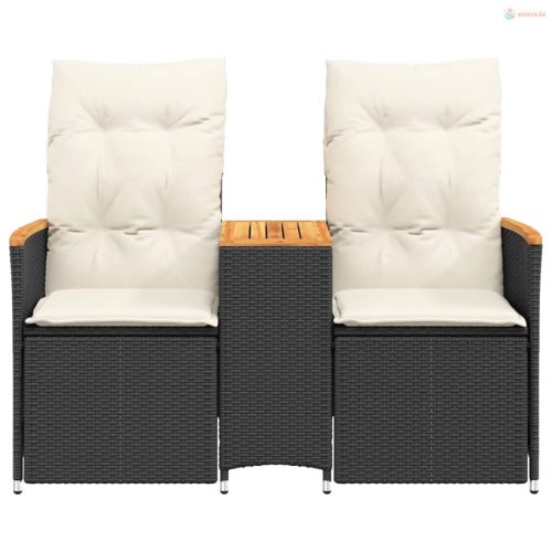 2 személyes fekete polyrattan dönthető kerti kanapé asztallal