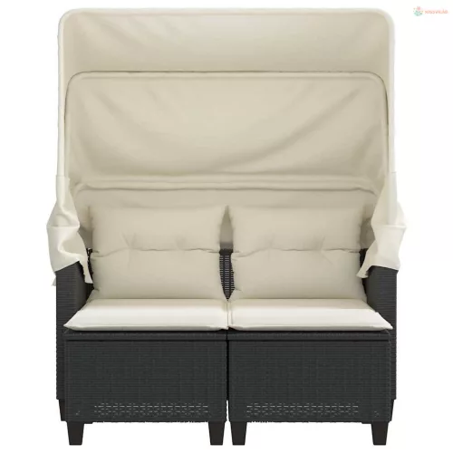 2 személyes fekete polyrattan kerti kanapé baldachinnal/székkel