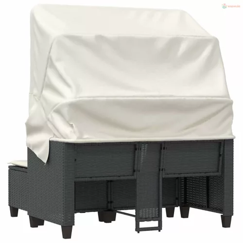 2 személyes fekete polyrattan kerti kanapé baldachinnal/székkel