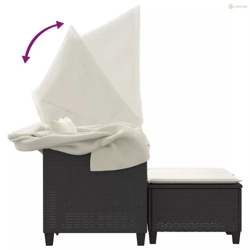 2 személyes fekete polyrattan kerti kanapé baldachinnal/székkel