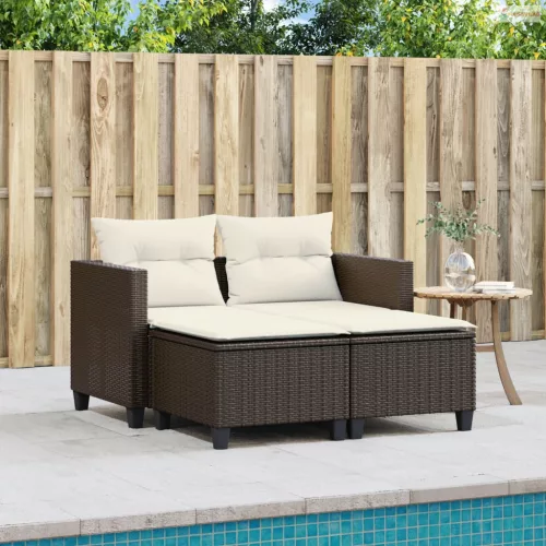 2 személyes barna polyrattan kerti kanapé zsámolyokkal