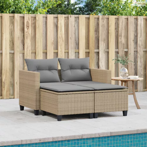 2 személyes bézs polyrattan kerti kanapé zsámollyal