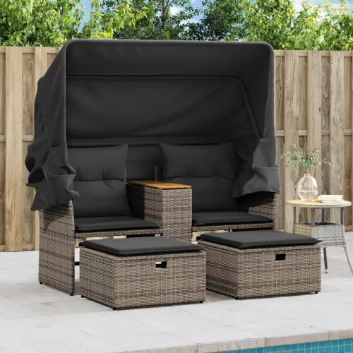 2 személyes szürke polyrattan kerti kanapé baldachinnal/székkel