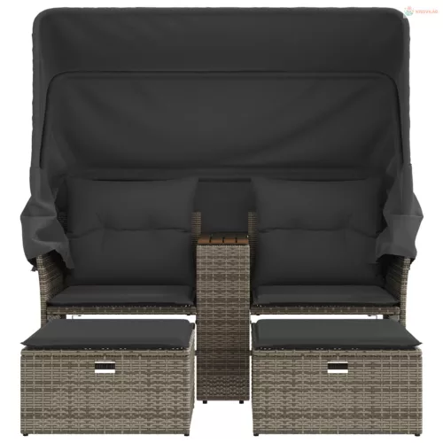 2 személyes szürke polyrattan kerti kanapé baldachinnal/székkel