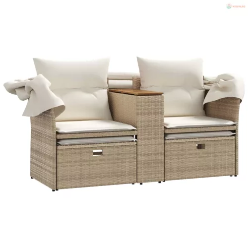 2 személyes bézs polyrattan kerti kanapé baldachinnal/székkel