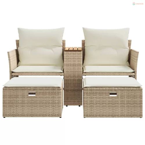 2 személyes bézs polyrattan kerti kanapé zsámollyal