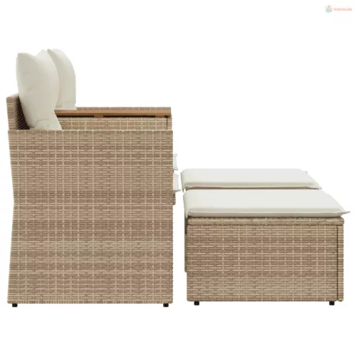 2 személyes bézs polyrattan kerti kanapé zsámollyal