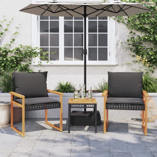 3 részes fekete polyrattan és akácfa bisztrószett párnákkal