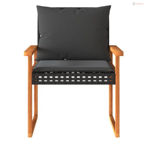 3 részes fekete polyrattan és akácfa bisztrószett párnákkal