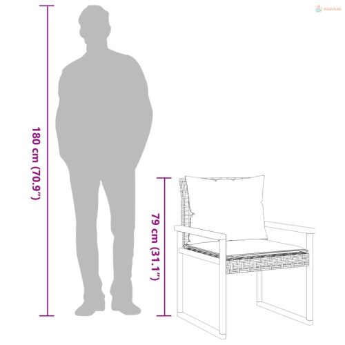 3 részes fekete polyrattan és akácfa bisztrószett párnákkal