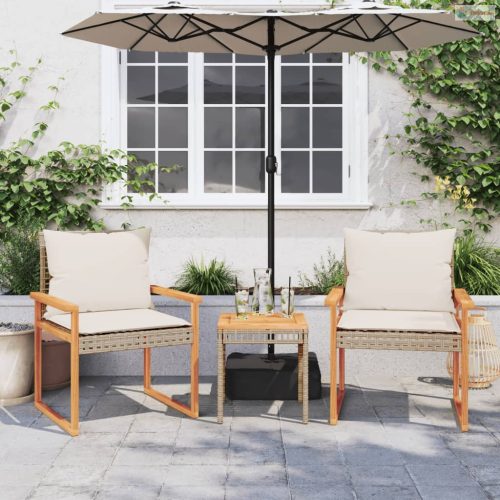 3részes vegyes bézs polyrattan és akácfa bisztrószett párnákkal