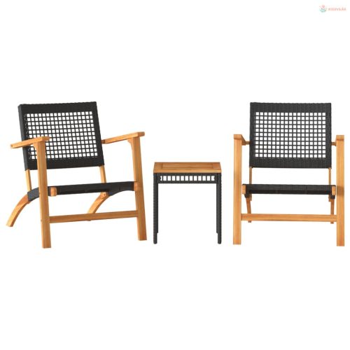 3 részes fekete polyrattan és akácfa bisztrószett