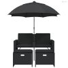 2 személyes fekete polyrattan kerti kanapé napernyővel/székkel