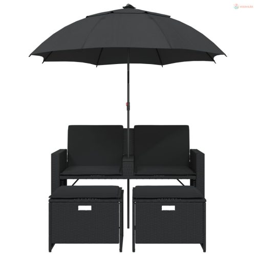 2 személyes fekete polyrattan kerti kanapé napernyővel/székkel