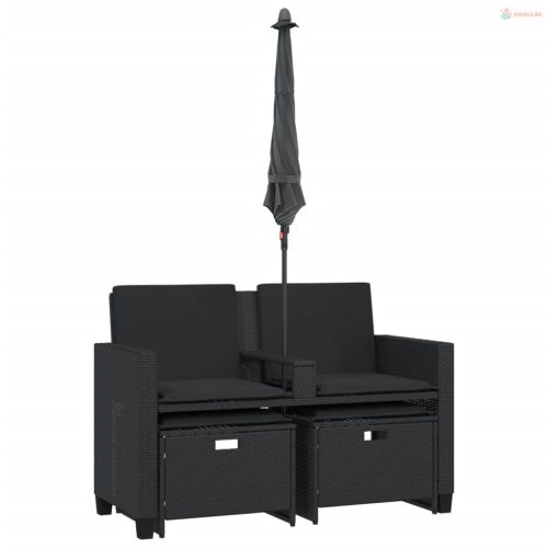 2 személyes fekete polyrattan kerti kanapé napernyővel/székkel