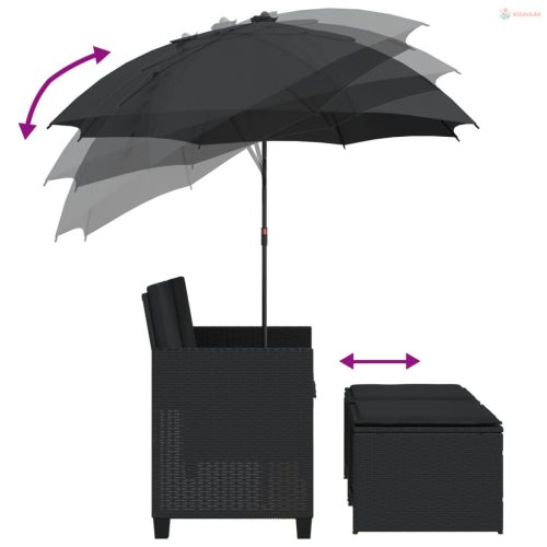 2 személyes fekete polyrattan kerti kanapé napernyővel/székkel