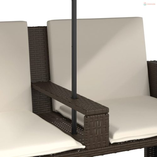 2 személyes barna polyrattan kerti kanapé napernyővel/székkel