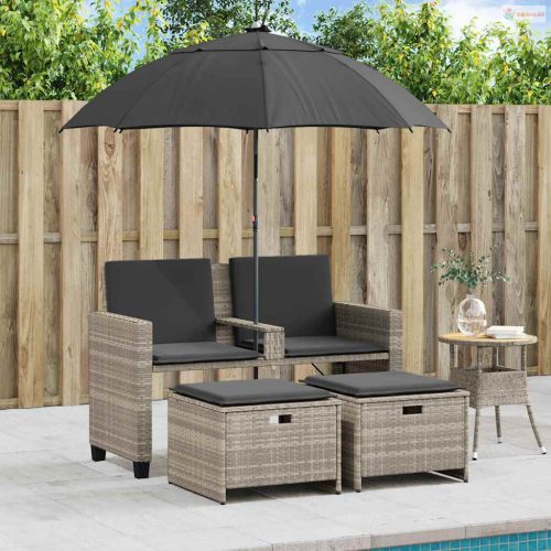 2 személyes polyrattan kerti kanapé napernyővel/székkel