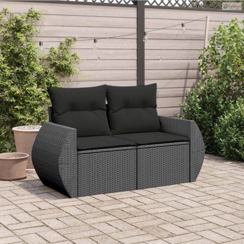 2 személyes fekete polyrattan kerti kanapé párnával