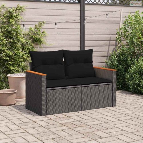 Kétszemélyes fekete polyrattan kerti kanapé párnákkal