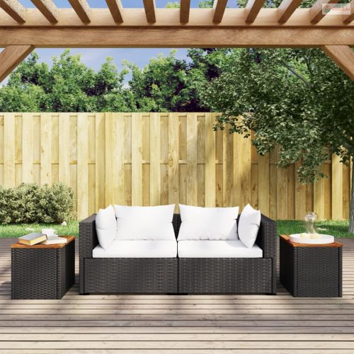 2 db fekete polyrattan és tömör fa kerti kisasztal 55x34x37 cm