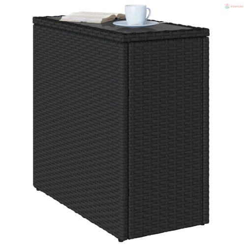 Fekete polyrattan üveglapos kerti kisasztal 58 x 27,5 x 55 cm