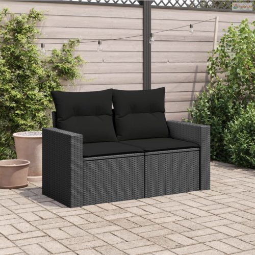 Kétszemélyes fekete polyrattan kerti kanapé párnákkal