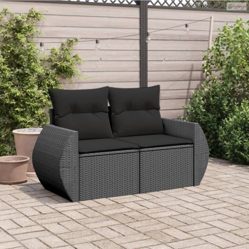 Kétszemélyes fekete polyrattan kerti kanapé párnákkal