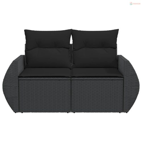 Kétszemélyes fekete polyrattan kerti kanapé párnákkal