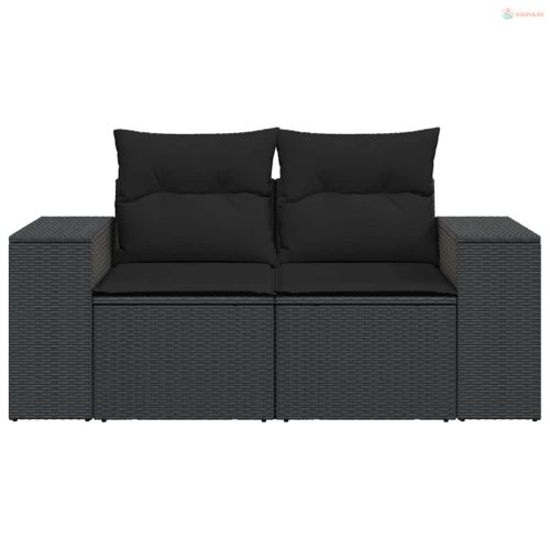 Kétszemélyes fekete polyrattan kerti kanapé párnákkal