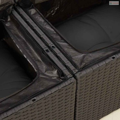 Kétszemélyes fekete polyrattan kerti kanapé párnákkal