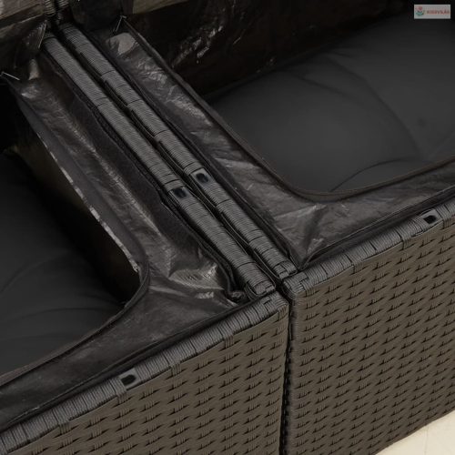 Kétszemélyes fekete polyrattan kerti kanapé párnákkal