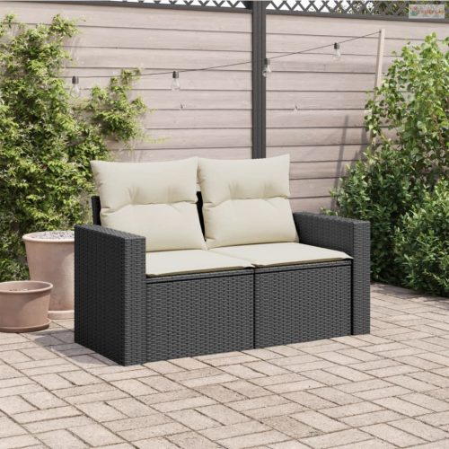 2 személyes fekete polyrattan kerti kanapé párnával