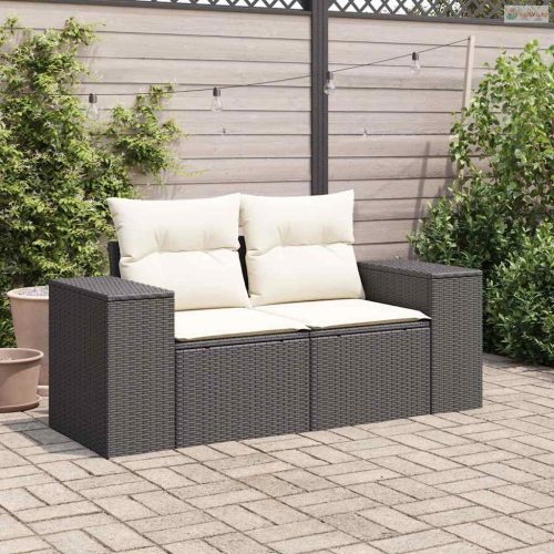 2 személyes fekete polyrattan kerti kanapé párnával