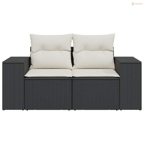 2 személyes fekete polyrattan kerti kanapé párnával