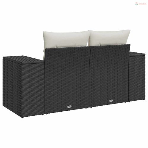 2 személyes fekete polyrattan kerti kanapé párnával