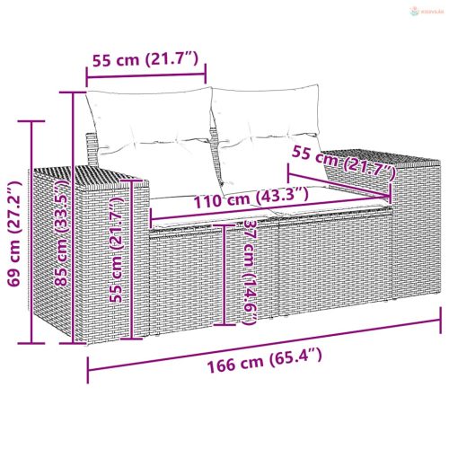 2 személyes fekete polyrattan kerti kanapé párnával