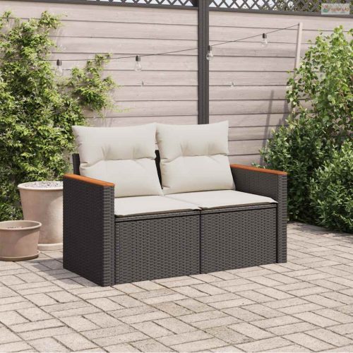 2 személyes fekete polyrattan kerti kanapé párnával