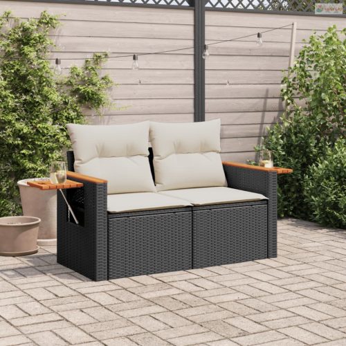 2 személyes fekete polyrattan kerti kanapé párnával